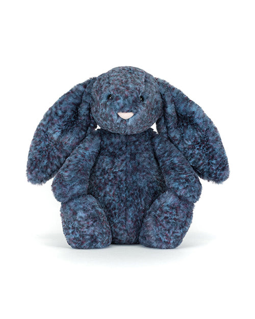 Blue plush bunny toy on a white background
