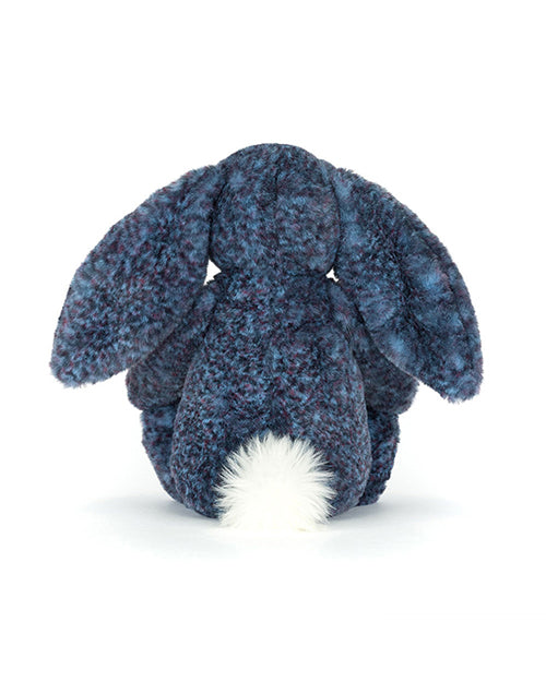 back view of a Blue textured plush bunny toy on a white background