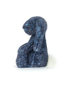 side view of a Blue plush bunny toy on a white background
