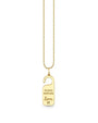 A gold necklace with a pendant designed to resemble a ‘Do Not Disturb’ hotel door hanger. The pendant has the phrase ‘PLEASE DISTURB’ engraved at the top and ‘Love’  below it.
