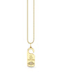 A gold necklace with a pendant designed to resemble a ‘Do Not Disturb’ door hanger. The pendant features an engraved message that reads ‘DO NOT DISTURB’ in capitalized, bold letters, with a cloud filled with pave diamonds at the bottom.
