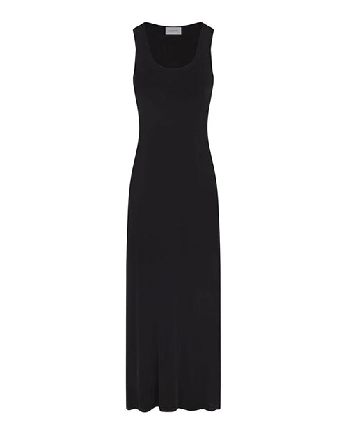 Black sleeveless scoop maxi dress in black on a white background.