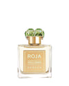 Perfume bottle with gold and green cap  and 'ROJA' branding on a white background