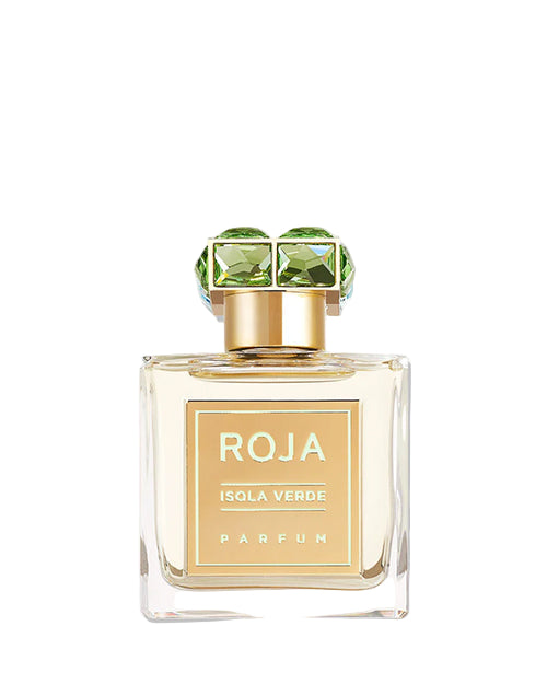 Perfume bottle with gold and green cap  and 'ROJA' branding on a white background
