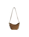 A brown leather handbag with a long strap, featuring an embossed pattern on the front and gold-colored hardware at the strap attachment points.