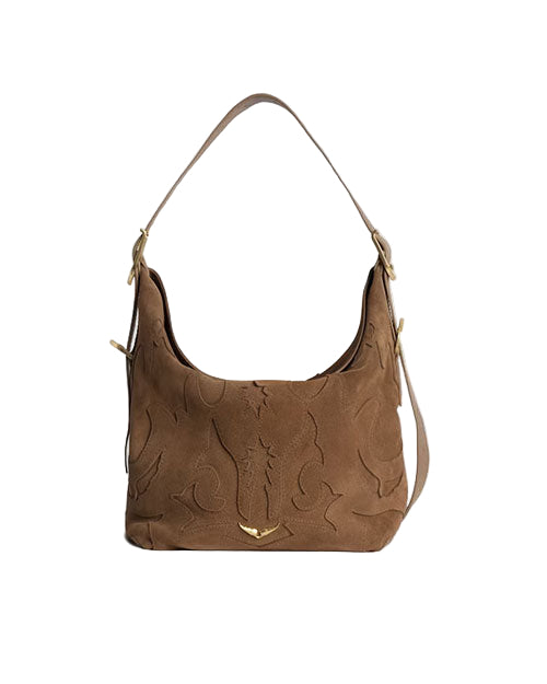 A brown suede handbag with a single shoulder strap, featuring an embossed pattern on the front and sides, and gold-tone hardware including strap buckles and a small decorative piece at the bottom center.