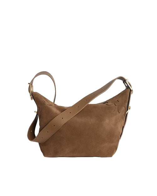A brown suede shoulder bag with an adjustable strap, featuring a simple design and gold-tone hardware on the strap.