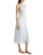 A side view of a person wearing a light blue and white dress with buttoning down the front and over the shoulder straps. The dress has lace detailing and a fitted bodice that flares out into an A-line skirt. The person is also wearing tan strappy sandals.