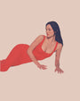 A model laying comfortably on the ground wearing a long, form-fitting red dress with a scoop neck and thin straps. 