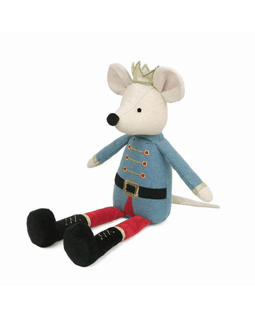 A plush mouse toy wearing a golden crown and blue coat with red trousers. It has a whimsical design, conveying a playful and royal theme.