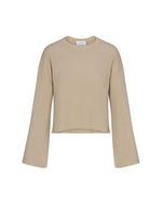 Taupe bell long sleeve knit sweater on a white background.