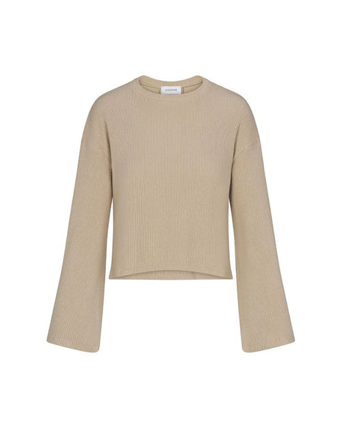 Taupe bell long sleeve knit sweater on a white background.