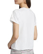 Back view of a person wearing a white t-shirt on a white background