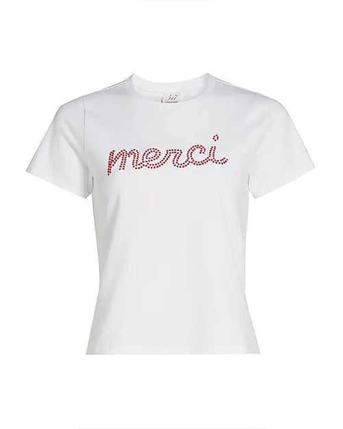 White t-shirt with 'merci' text on a white background