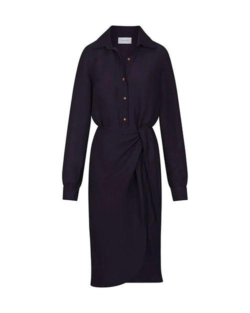 A mid-length black long sleeve dress. Dress features half button down detailing, a collar and a tie design around the waist.