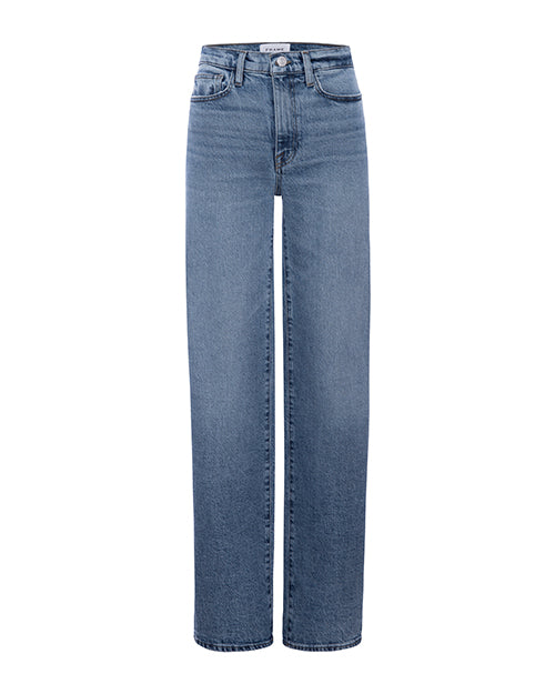 A pair of high-waisted, straight-leg jeans in a medium blue wash with a button closure and visible stitching. 