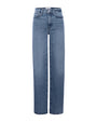 A pair of high-waisted, straight-leg jeans in a medium blue wash with a button closure and visible stitching. 