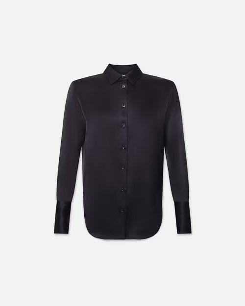 A shirt with pointed collar, exposed button closure, draped fit, buttoned cuffs, and curved hem. Crafted from a smooth stretch silk with subtle gloss and accentuated suppleness.