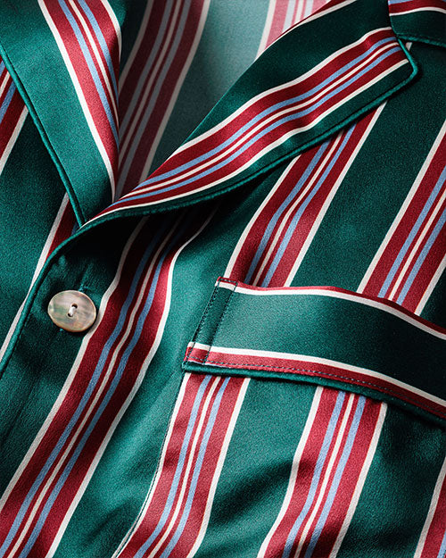 Close up of silk striped pajamas, the pattern features vertical stripes in green, red, and white.