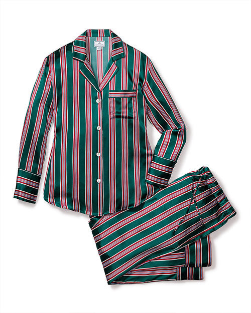 A set of silk striped pajamas displayed against a white background. The pajamas consist of a long-sleeved button-up shirt and matching pants. The pattern features vertical stripes in green, red, and white.