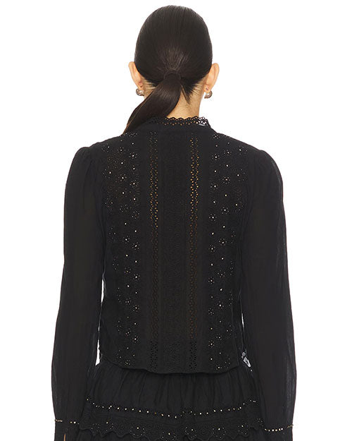 Back view of a black long-sleeve blouse featuring intricate eyelet embroidery with small stud embellishments, vertical lace-like panels, and a scalloped neckline detail.