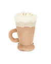 Plush toy resembling a mug of beer or frothy beverage, with a light brown base, white fluffy foam on top, and a handle on the left side.