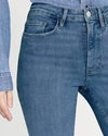 Close-up of a pair of blue denim jeans with a medium wash and a slight flare at the bottom. They have visible stitching, pockets, and belt loops.