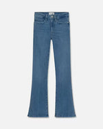 A pair of blue denim jeans with a medium wash and a slight flare at the bottom. They have visible stitching, pockets, and belt loops.
