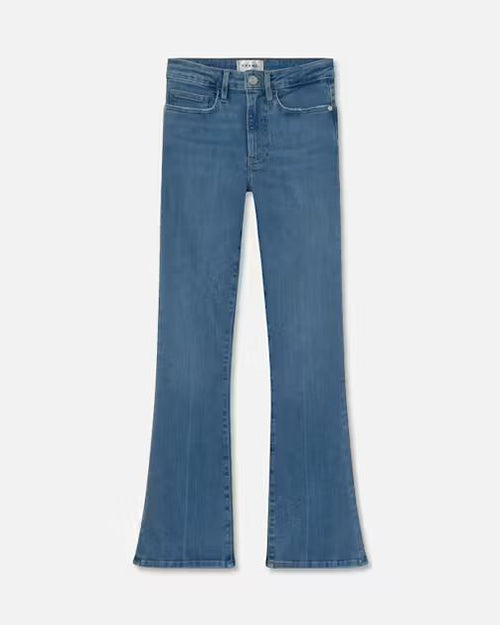 A pair of blue denim jeans with a medium wash and a slight flare at the bottom. They have visible stitching, pockets, and belt loops.