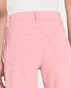 A back view close-up of a person wearing light-pink denim trousers. The trousers have visible white stitching along the seams and pockets. 