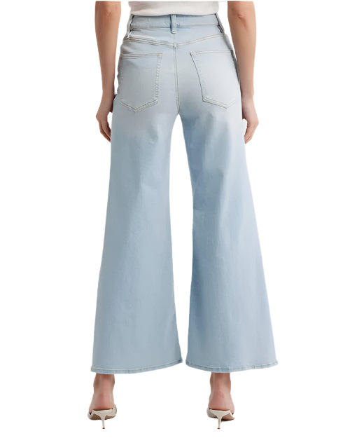 The back view of a person wearing light blue high-waisted wide-leg jeans and white open-toe sandals. The jeans have back pockets, and a slightly faded wash. The person's upper body is not visible in the image.
