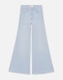 A pair of high waisted light blue flared jeans. The jeans are frayed at the hem.