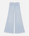 A pair of high waisted light blue flared jeans. The jeans are frayed at the hem.