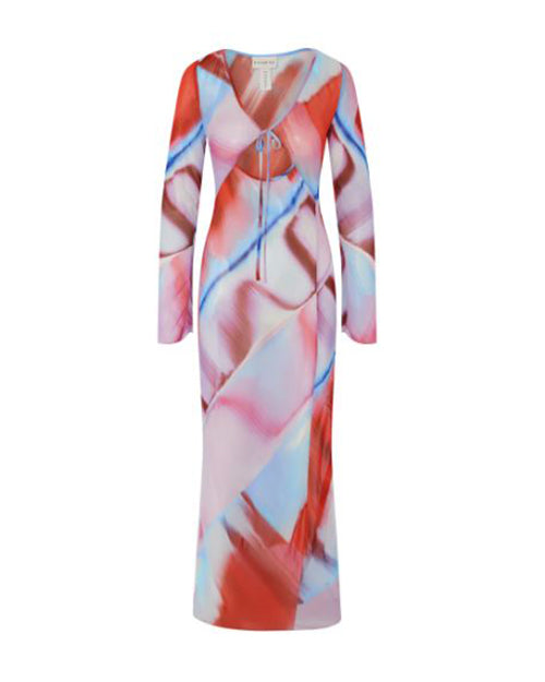 Long-sleeve mesh dress in vibrant multicolored abstract print. Features a fitted silhouette with a V-neckline, cut out and tie at chest, and leg slit on left side.