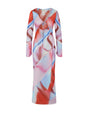 Long-sleeve mesh dress in vibrant multicolored abstract print. Features a fitted silhouette with a V-neckline, cut out and tie at chest, and leg slit on left side.