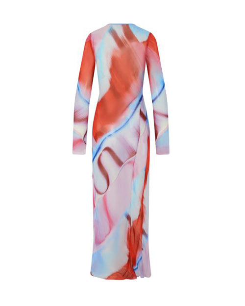 A back-view of long-sleeve mesh dress in vibrant multicolored abstract print. Features a fitted silhouette with a V-neckline, cut out and tie at chest, and leg slit on left side.