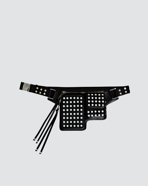 A black utility belt with silver studs, multiple pouches, long tassle on zippers and adjustable size. Its symmetrical design features two square-shaped pouches with flap closures and additional studs on the belt.