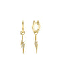 A pair of gold hoop earrings with a pendant design featuring a lightning bolt adorned with pave diamonds against a white background.