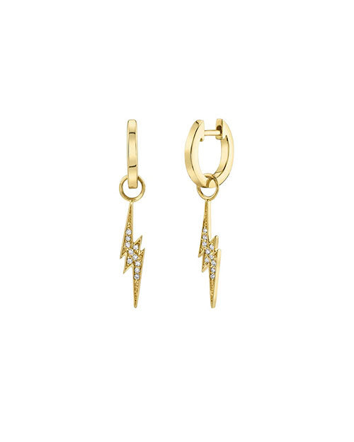 A pair of gold hoop earrings with a pendant design featuring a lightning bolt adorned with pave diamonds against a white background.