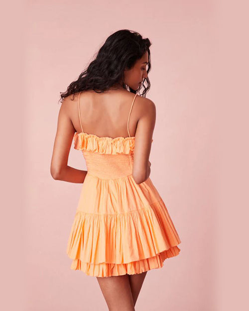 Model showing back of the dress. Model wearing a bright orange dress with ruffled details on the top and bottom, standing against a plain background.