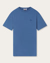 Blue t-shirt with a crew neckline and short sleeves, with a small, dark logo on the left chest area.