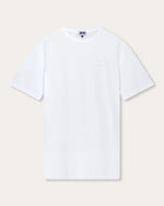 A plain white, short-sleeved t-shirt against a neutral background. The t-shirt has a regular fit with a round neckline and a barely visible logo or tag on the left chest area.