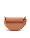 back view of Loewe tan bag with a strap across bag featuring  visible white stitching.