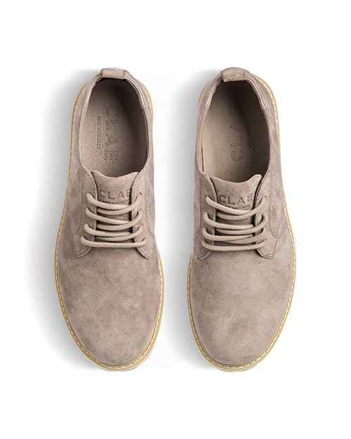 Top view of a pair of beige suede shoes on a white background