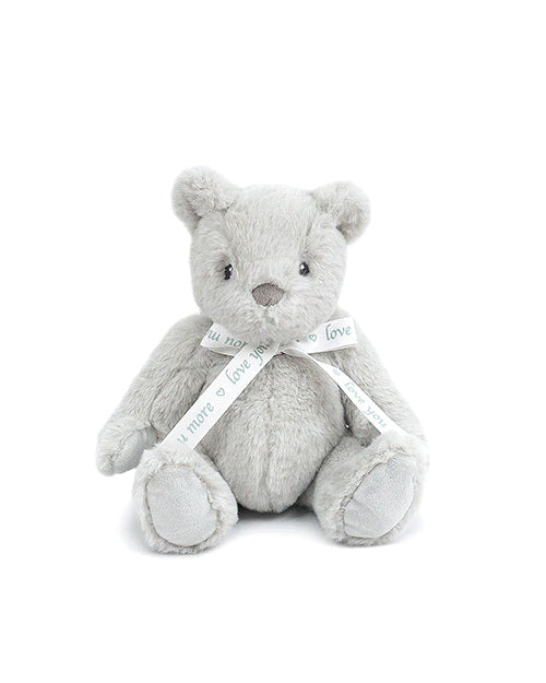 A grey plush teddy bear. Around the teddy bear’s neck, there is a white ribbon or collar with text on it.
