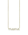 A gold necklace with the word ‘mama’ formed in a cursive script, adorned with pave diamonds.