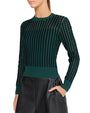 a person wearing a Green and black stripped sweater  on a white background