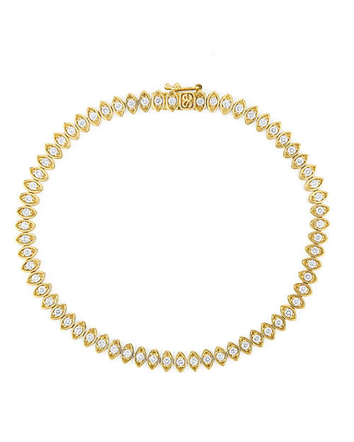 Gold bracelet featuring marquise-shaped links, each set with a round diamond, forming a complete circle with a clasp at the top.