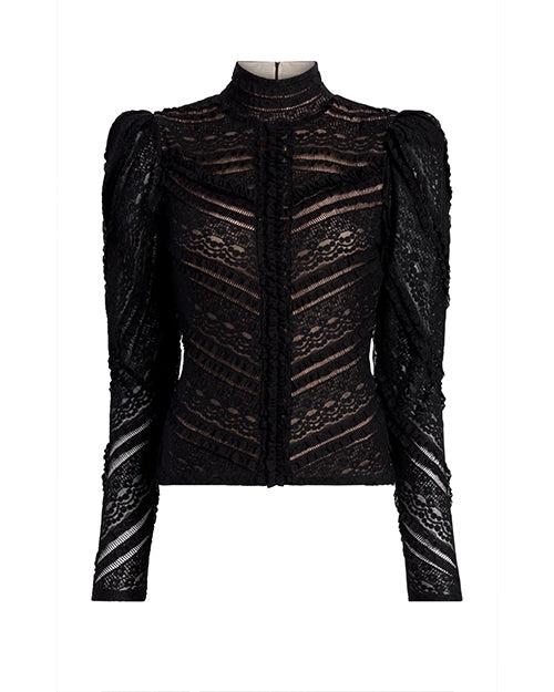 Black lace blouse with long sleeves, high neckline, puffed shoulders, ruffles, and sheer sections.
