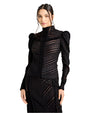 Person wearing a black lace outfit with long sleeves, high neckline, and intricate patterns.